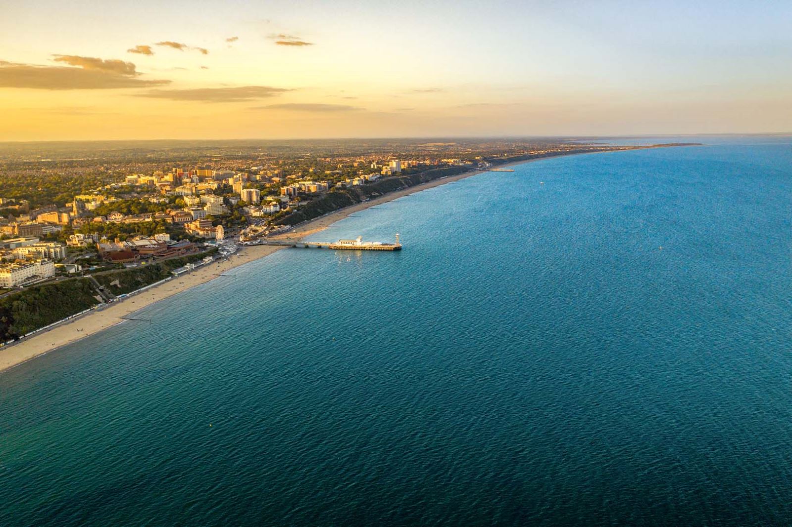 Aerial view of Bournemouth, Christchurch and Poole coastline and beaches  